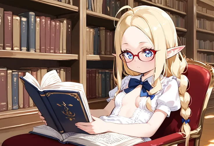 ((loli)), solo, glossy blonde hair, forehead, blue eyes, beautiful detailed eyes, ahoge, elf, blush, , library, small breasts, sitting on the chair, long hair, single braid, closed mouth, glasses, forehead, reading a book