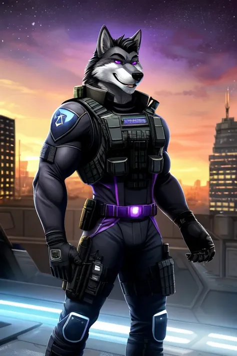 A male furry wolf, gray fur, black hair, purple eyes, muscular body, wearing dark purple full skintight military bodysuit, black assault vest, black long tactical gloves, black long tactical boots, arrogant smile showing teeth, holding silver futuristic pi...