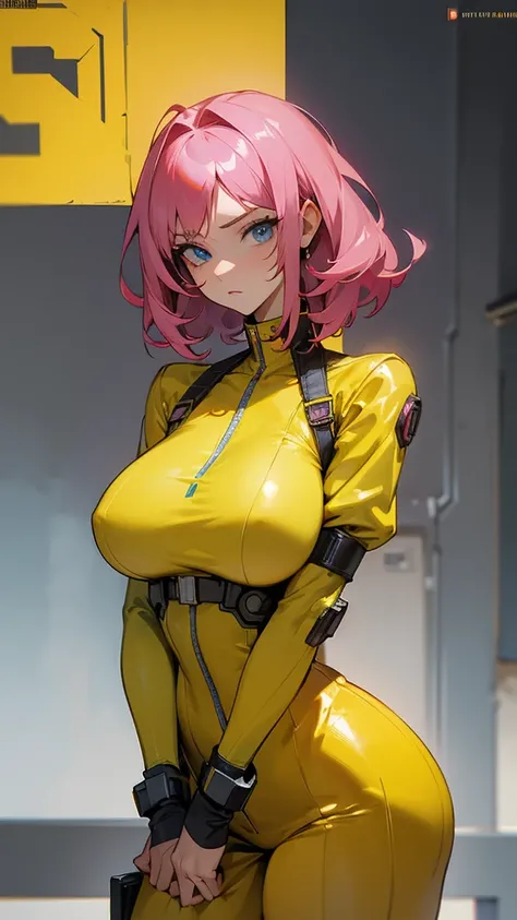 Vista de frente, Seios fake, Mature woman with serious look, Facial Focus, big pink hair, shining blue eyes, wearing a mustard yellow jumpsuit with big capuz,  breasts big, looking 35 years old, eye on the spectator, look to the camera, , the background is...