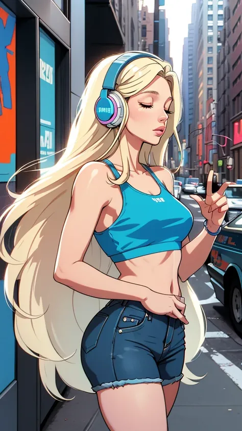 Street fashion girl, blue headphones, LOFI Retro, stylish, 1980s, new york city, morning, beautiful blonde long hair woman in her 20s, close your eyes, white skin