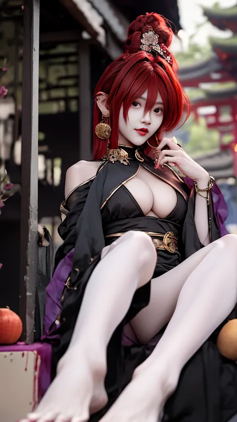 1girl, (ulzzang-6500:0.7), kpop idol, yae miko, detached sleeves, bare shoulders, pink hair, long hair, japanese clothes, best quality, (painting:1.5), (hair ornament:1.35), jewelry, purple eyes, earrings, breasts, torii,  cherry blossoms,  lantern light, ...