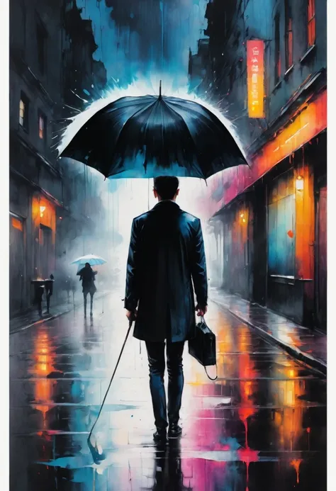 Dark rainy night,  Holding a white umbrella, Umbrella Poster, Splash Punk Style, Paint Splash