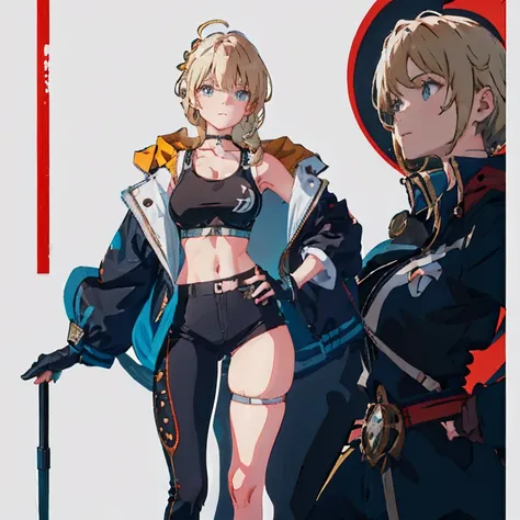 Anime Kawaii sexy Perfect Slim sensual body large breast and huge thighs, An intricate and highly detailed illustration of anime (Young girl) Blonde girl sf6, black sports well, choker, 1 girl, standing alone, clothes open, black pants, looking ahead at vi...