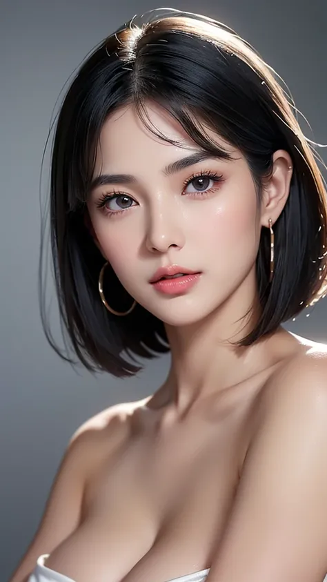 Black Hair、Brown eyes、Beauty、Gal、She has her bangs down、Very Short Hair、gorgeous、Long eyelashes、Big Eyes、Earrings、naked、Cleavage、tits、whole body、Great thighs、Beautiful abs、Slimy skin、Oily skin、Wet skin、White skin、Light reflecting skin、Glossy finish、Realist...