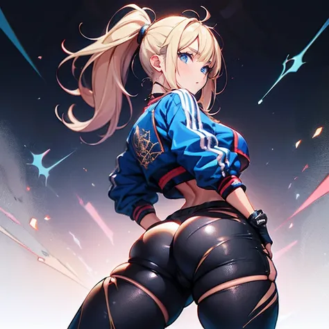 Anime Kawaii sexy Perfect Slim sensual body large breast and huge thighs, An intricate and highly detailed illustration of anime (Young girl) Blonde girl sf6, black sports well, choker, 1 girl, standing alone, clothes open, black pants, looking ahead at vi...