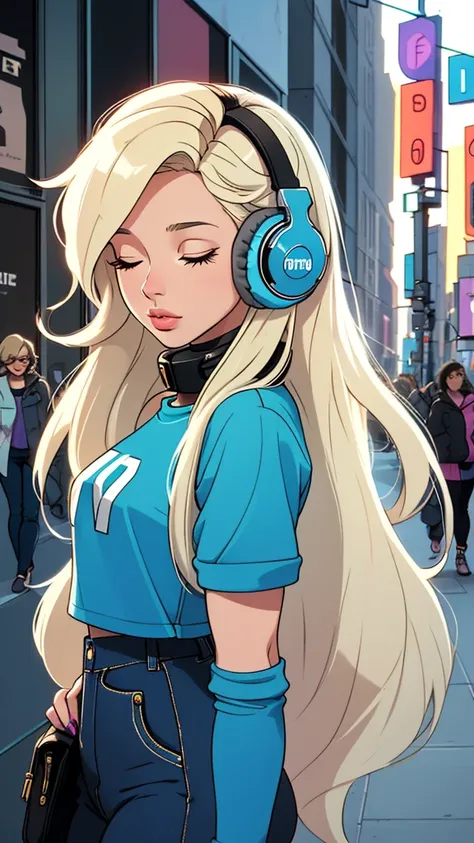 Street fashion girl, blue headphones, LOFI Retro, stylish, 1980s, new york city, morning, beautiful blonde long hair woman in her 20s, close your eyes, white skin