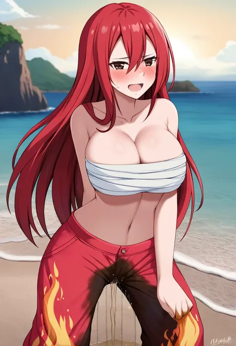 (high quality,Very detailed:1.37, High resolution), Woman, Erza, red hair, navel, flame pants, collarbone, bare shoulders, cleavage, hair over one eye, large breasts, long hair, bandages, chest sarashi, white ribbon, beach, looking at viewer, brown eyes, m...