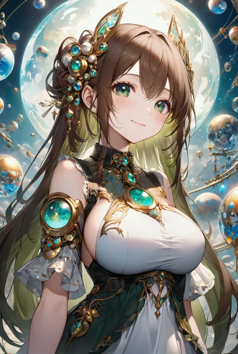 (Highest quality, 8k, 32K, masterpiece, Ultra-high resolution,:1.2),to be born, One Girl,So cute , hair ornaments, eye,Multicolored Hair,Upper Body,Brown Hair,dress, collar, A fantasy background reminiscent of an electronic world, clear, 輝くeye, Age 25 ,Fai...