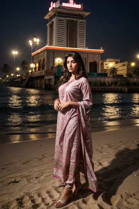 40k, RAW photo, best quality, masterpiece: 1.2), (realistic, 
photorealistic: 1.37)A 21 Year solo beautiful Pakistani girl
woman , At Lahore beach side hotels ,GTA vice city vibes, 
nightscape .wearing digital printined shalwar kameez dress ,Mehwish Hayat