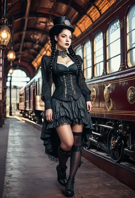 (Realisttic:1.2), analog photo style, faded color, Beautiful woman, posing, with freckles and long black hair braided, (steampunk dark fantasy atmosphere), she is wearing victorian dres and seamed stockings, soft natural light, cute and sexy, great quality...