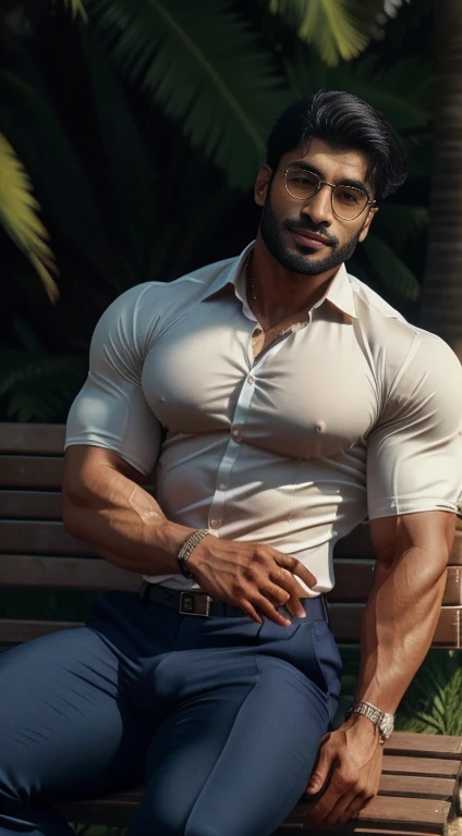 An award-winning original photo, little smiled, dimples, a wild handsome muscular indian man,(25 years old:1.3), 1boy in one photo, Solo, (looking in camera), (formal shirt with folded cuffs and opened top four buttons with bulge formal trouser), talking o...