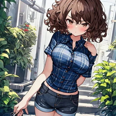 Very detailed, high resolution, (best quality_1.0), 1girl, teenage girl, short hair, curly hair, brown eyes, serious look, medium breasts, black denim shorts, blue checkered shirt.