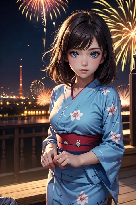 ((Masterpiece, Highest quality, highest resolution, high definition)), alone, beautiful girl, shining eyes, perfect eyes, 16 years old, blue theme, Yukata, fireworks