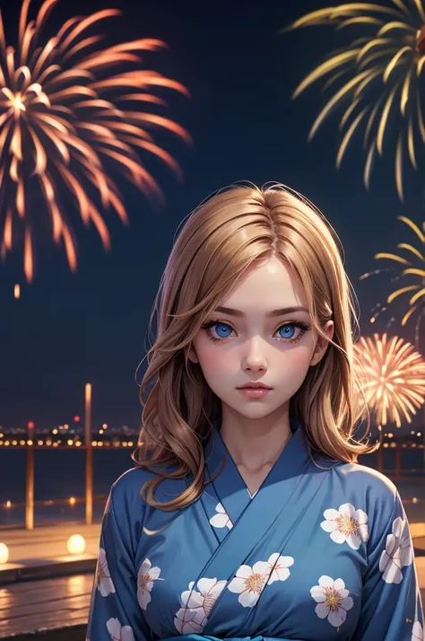 ((Masterpiece, Highest quality, highest resolution, high definition)), alone, beautiful girl, shining eyes, perfect eyes, 16 years old, blue theme, Yukata, fireworks