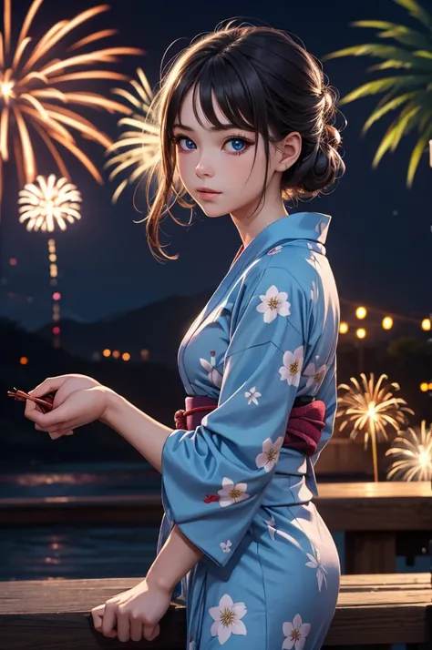 ((Masterpiece, Highest quality, highest resolution, high definition)), alone, beautiful girl, shining eyes, perfect eyes, 16 years old, blue theme, Yukata, fireworks