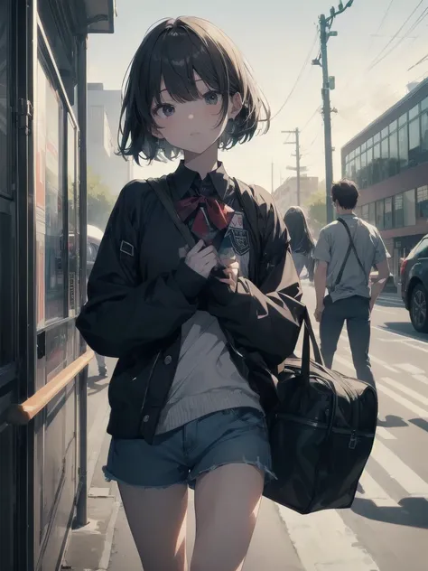 God quality, anime moe artstyle,best anime 8k konachan wallpaper,badass anime 8k,perfect anatomy, (Please draw a girl walking sleepily to school. ),break, 1girl, (Solo,,,13-year-old:1.3),a junior high school student, androgynous charm, Very Short hair,part...