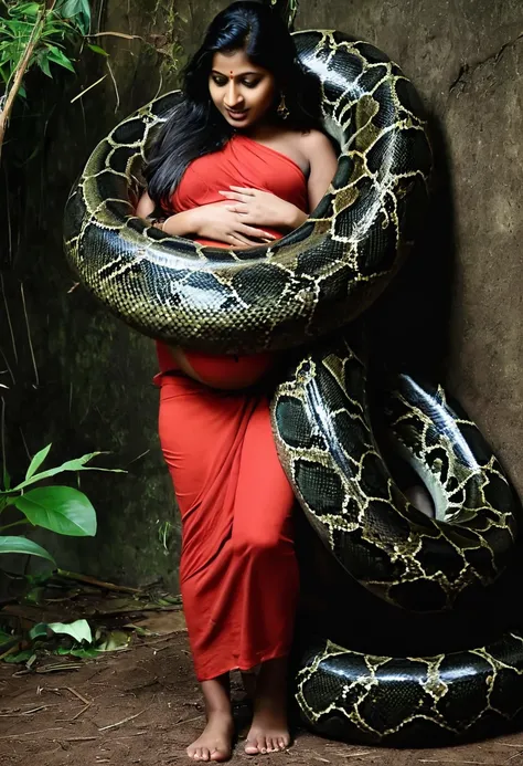 Pregnant Happy Horny, aroused 1girl), beautiful kneeling Indian  young teen girl with  giant colossal kaa monster squeezing her hard, wrapped in thick spiraling coils, constricted, struggle, gasping for air, snake attack, snake peril, moonless night, dim l...