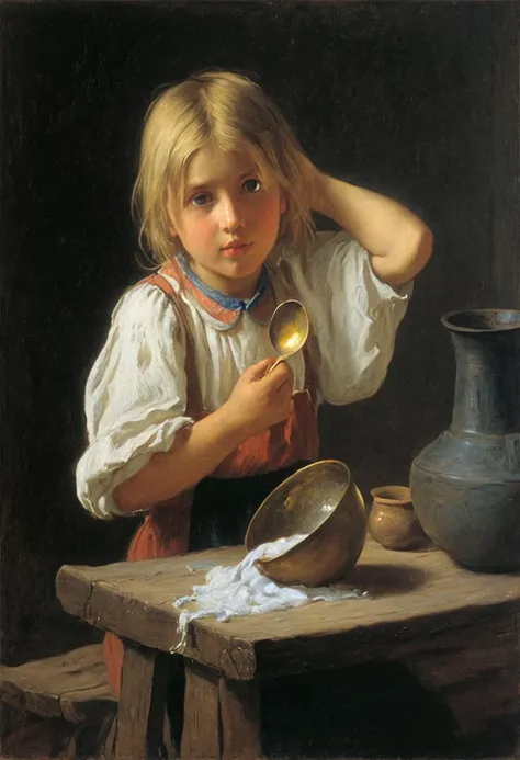 painting of a  holding a bowl and a spoon, by Marie Krøyer, inspired by Hariton Platonov, by Albert Anker, by Albert Anker, by István Szőnyi, vitaly bugarov, by Philip de László, by Hubert von Herkomer, by Adolf Hirémy-Hirschl