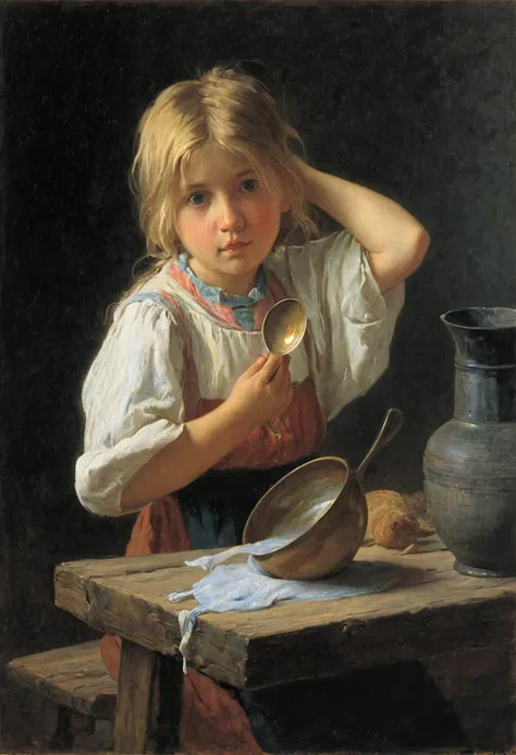 painting of a  holding a bowl and a spoon, by Marie Krøyer, inspired by Hariton Platonov, by Albert Anker, by Albert Anker, by István Szőnyi, vitaly bugarov, by Philip de László, by Hubert von Herkomer, by Adolf Hirémy-Hirschl