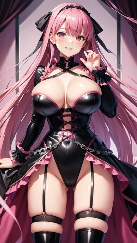 Erotic、fgomartha、Big Breasts、Tight waist、Gothic Lolita、Long pink hair　Curly Hair、Fluffy dresses、Pink and black latex dress　Pink line、adult、Married Woman、Evil female executive、tall、sexy、Wicked Smile、lure、Alluring、excited、Pitch black background、Dark bedroom ...