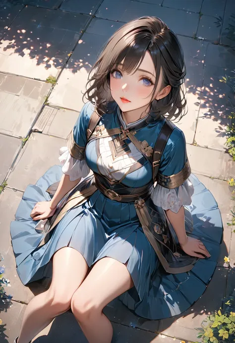 (masterpiece, best quality:1.2), (from above:1.5), solo, a cute lady, sentimental, (sitting on the ground looking up at the sky:1.3), long skirt, sit with legs apart, Generated in SFW, ARW