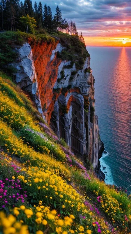 nature, Detailed lighting, Sea of Flowers, null, sunset, Wind, Fallen leaves, cliff,rain