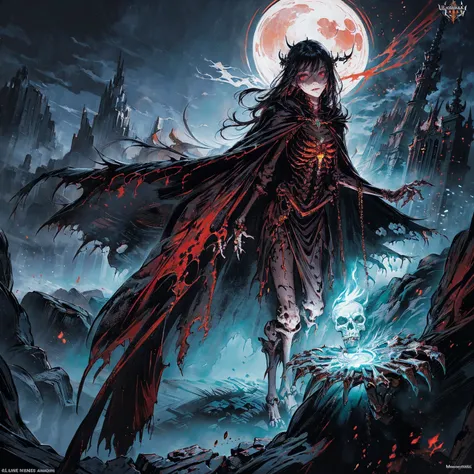 (full body:1.5), (wide shot:1.2), best quality, 4K, high resolution, (masterpiece:1.2), Very detailed, (actual:1.37), (anatomically correct:1.2), Mood lighting, A black hair young undead girl in a long cape, Whole body including hands & arms & legs & feet ...