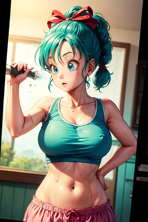 masterpiece, Highest quality,  Unreal Engine,  Super Resolution,  Very detailed, 

Beautiful woman, Bloomers, One Girl, alone, blue eyes, Blue Hair, Aqua Hair, Single Blade, Braided Ponytail, Hair Ribbon, Red ribbon, Hair Ribbon, Earrings,  Vivid expressio...