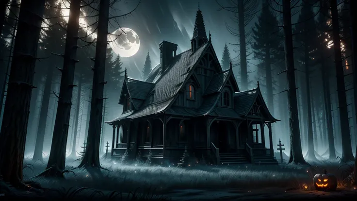 a beautiful haunting moonlit halloween night forest landscape, a dark mysterious cemetery in the background, a winding moonlit forest path, eerie moonlight, horror, spooky, (best quality,4k,8k,highres,masterpiece:1.2),ultra-detailed,(realistic,photorealist...