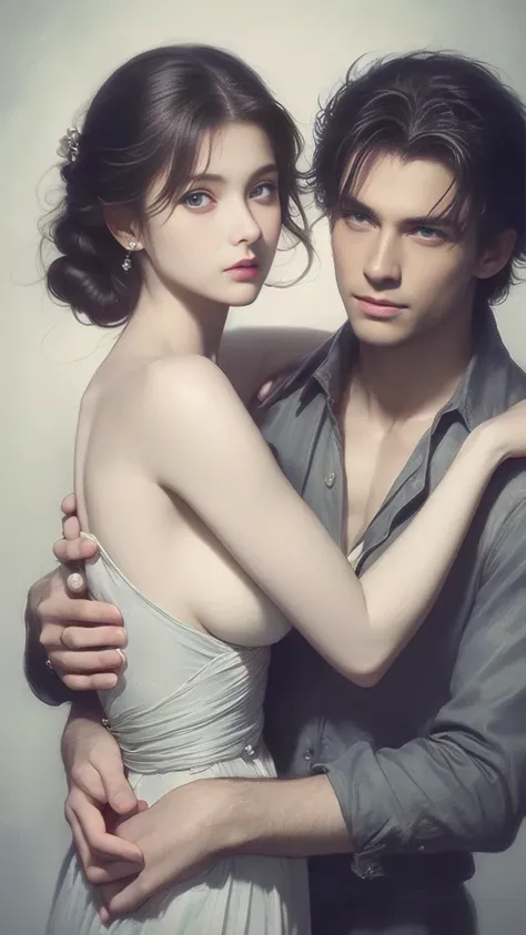 High-quality images of couples: blond man (Tall、Statue-like、Handsome and、Brave young man、Blue eyes、Curly golden hair、Wearing a grey antique military uniform) A woman with black hair (long straight black hair、Long Bangs、Blackberry eyes、A beautiful young fem...