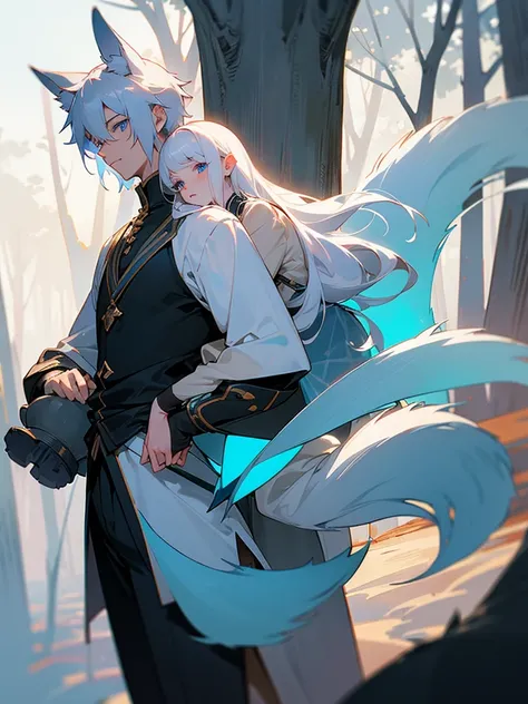 White-haired-blue-eyed boy carrying beautiful 16-year-old girl with ears and tail in his arms, Whole body, perfecion, forest, evening