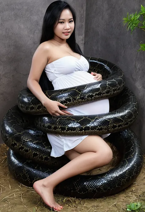 pregnant happy horny, aroused 1girl), beautiful kneeling thai young teen girl with  giant colossal black titanboa squeezing her ...