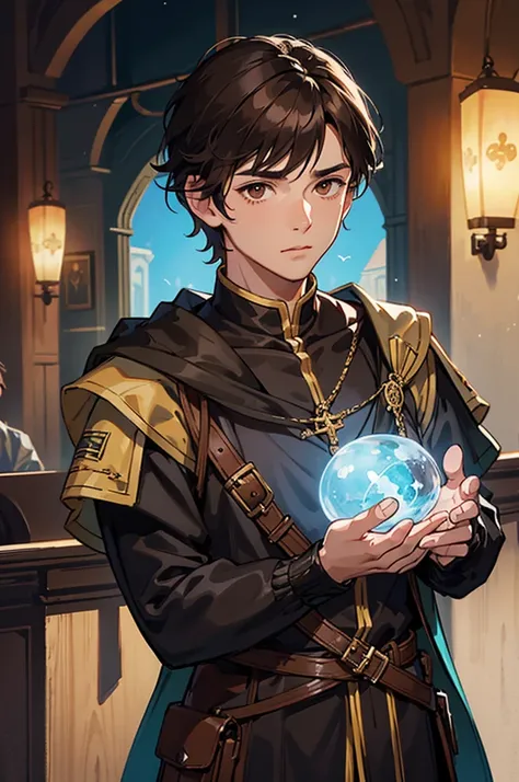 male, man, dark brown hair, short hair, brown eyes, fantasy, medieval clothes, mage, magic