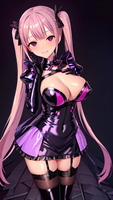 Erotic、fgomartha、Big Breasts、Tight waist、Gothic Lolita、Pink hair long twin tails　Curly Hair、Fluffy dresses、Pink and black latex dress　Pink line、adult、Married Woman、Evil female executive、tall、sexy、Wicked Smile、lure、Alluring、excited、Pitch black background、Da...