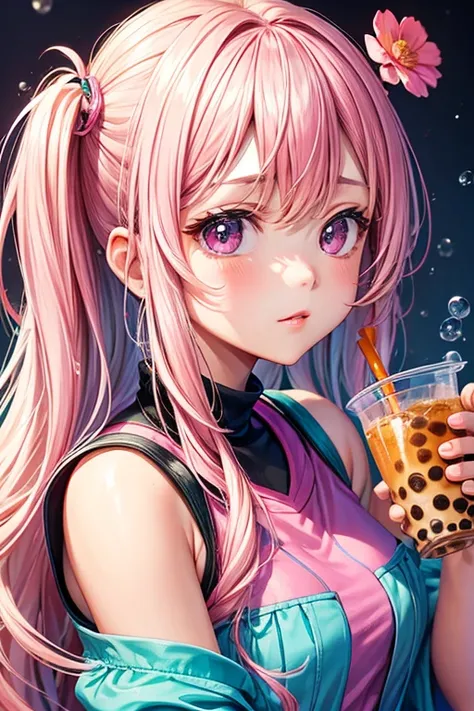 Portrait girl,  drinks bubble tea pink, background colorful