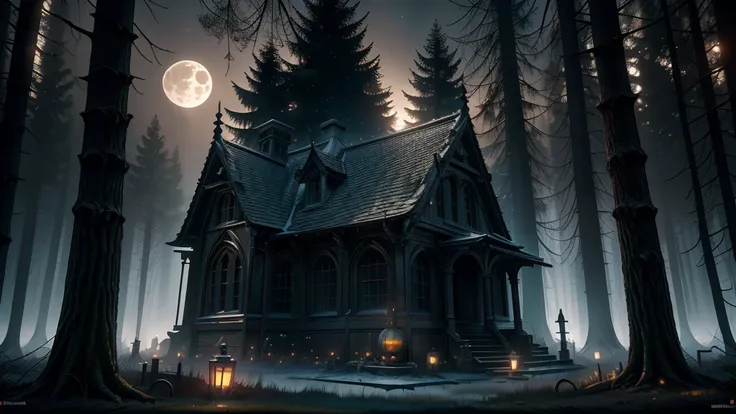 highly detailed Halloween scene, dark forest, cemetery, illuminated, glowing ground, horror scenario, graves, detailed gravestones, moonlit atmosphere, cobweb-covered trees, fog, crows, full moon, creepy atmosphere, moody lighting, dramatic shadows, cinema...