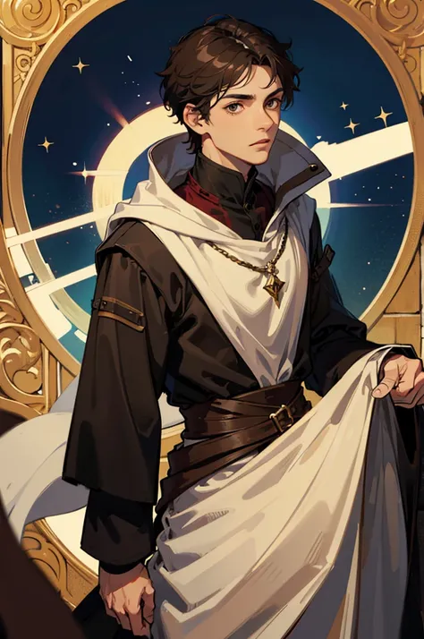 male, man, dark brown hair, short hair, brown eyes, fantasy, medieval clothes, mage, magic