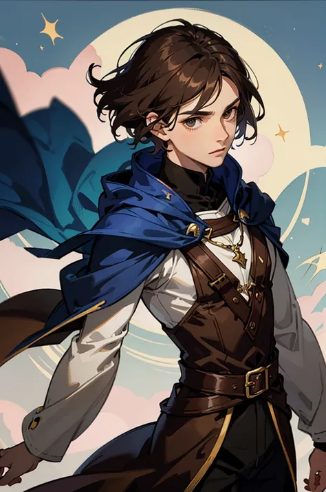 male, man, dark brown hair, short hair, brown eyes, fantasy, medieval clothes, mage, magic