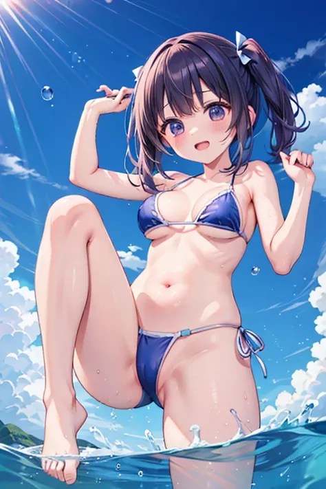 Arima Kana jumps into the air with one arm raised,Sexy string bikini,water droplets,blue sky,Ocean,