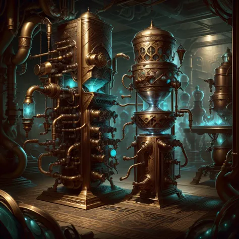 dwemertech,ancient   ,coffee machine , detailed background,brass