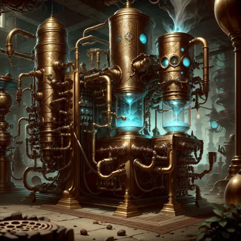 dwemertech,ancient   ,coffee machine , detailed background,brass