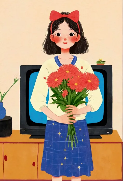 A woman standing in front of the TV，Holding flowers in hands, Kano Takanobu (Kan&#39;o Takanobu) inspired digital painting, behance, Childish Art, illustration, 杂志illustration, Japanese illustrator, illustration, in style of 数码illustration, 杂志illustrations...