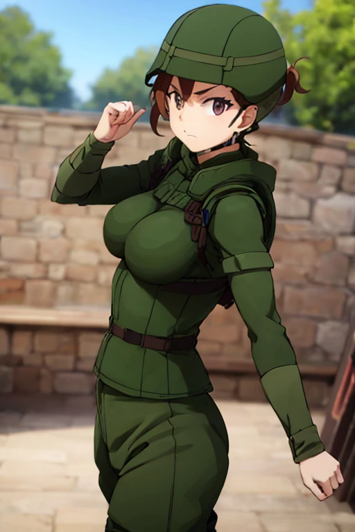 Angry face、One person、Military uniform breasts,  Slender body、 Ass small、Full body beautiful female warrior in green Greek armor、Perfect human face detail, Brown hair, Hoplite helmet, Muscular, Huge naked breasts, I look at the audience, prospect, Model ph...