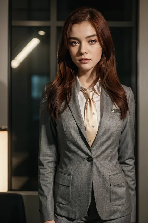 20s years old woman,office suit,tie,blazer,japanese,tokyo cityscape,dark-red hair,beautiful detailed eyes,beautiful detailed lips,extremely detailed eyes and face,longeyelashes,photorealistic,photo-realistic:1.37,hyperrealistic,8k,highres,masterpiece:1.2,u...