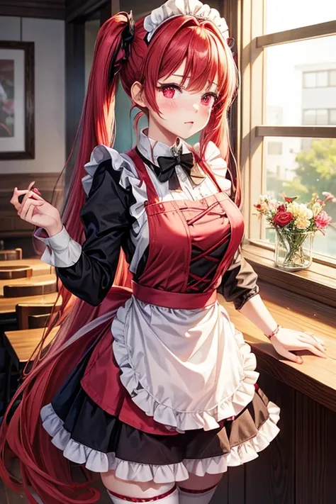 One woman,Cafe Waitress,red_hair,Twin tails,big tail,red_Lolita maid outfit,apron,Deep pink eyes,red面,Embarrassed face,Looking this way