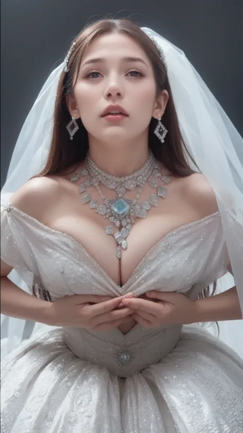 Diamond-encrusted wedding dresses wear the most beautiful royal gowns, The dress is covered with jewels and diamonds, Her necklace is made of diamonds and gemstones, Her cleavage is clearly visible, Her breasts are really big.D cup, Breast burn，Very white ...