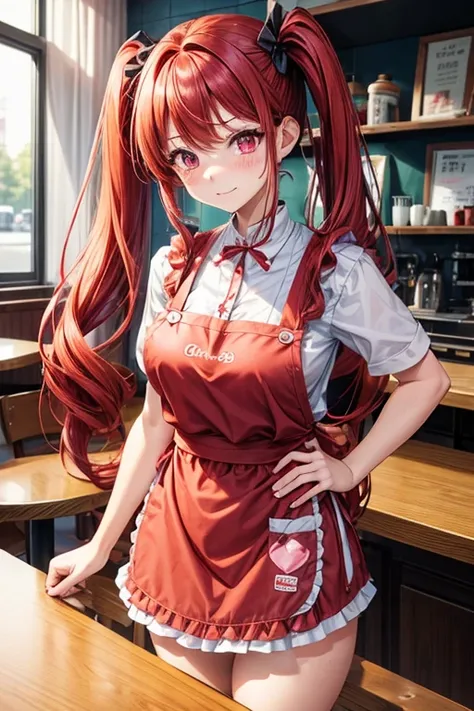 One woman,Cafe Waitress,red_hair,Twin tails,big tail,redと白のロリータメイド服,apron,Deep pink eyes,red面,Embarrassed face,Looking this way