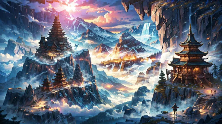 steep rocky mountains(leviathan:1.1),vision, mysterious clouds, cliff, fog, temple, wood, dream, fantasy,