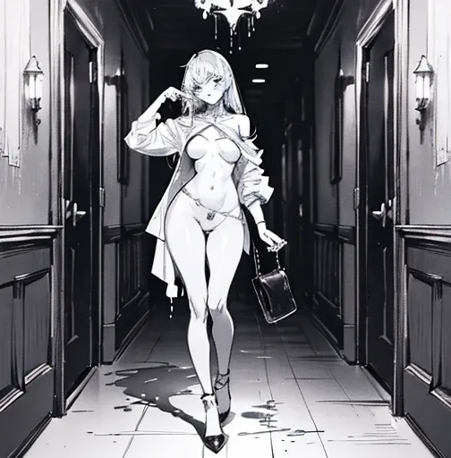 girl with briefcase walking down the hallway of a hospital room with many other rooms in it, pudica pose gesture, cell shaded adult animation, sketchy artstyle, gesture drawn, holding a pudica pose, body pose!, full body drawing, full character body, full ...