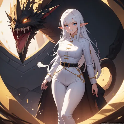 ((best quality)), ((masterpiece)), (detailed),

((Form-fitting_pants)), ((dress_shirt))

((one_female)), ((long_white_hair)), ((elf)), (((medium_sized_breasts))), (toned_body), ((flawless_physique)), ((30_years_old)), ((perfect_proportions)), (swept_bangs)...